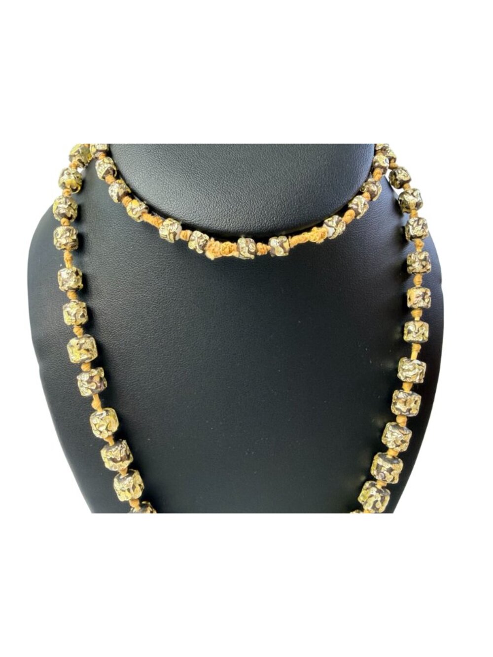 Vintage Murano Chunky Knotted Resin Prayer Bead Necklace Gold Foil Black 32" - Picture 10 of 11